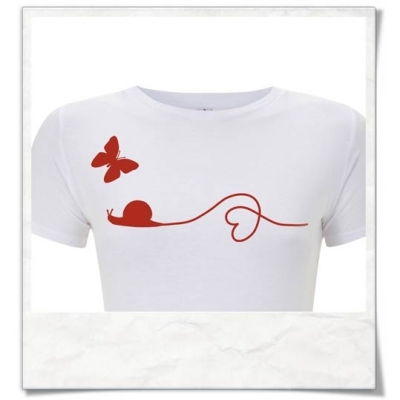 Snail and Butterfly in love / women T-Shirt / Red & white / Fair Organic and Eco