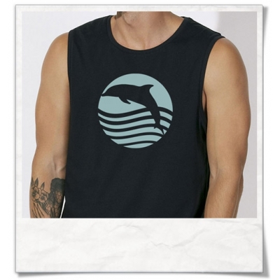 Sleeveless Tee Dolphin Sunset Sea for men in black